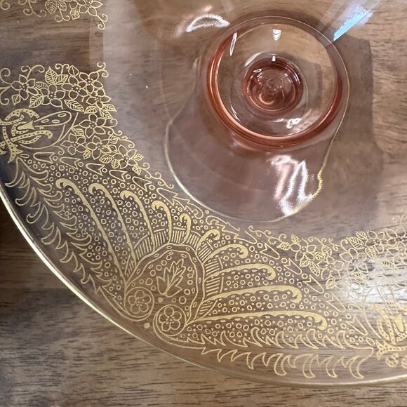 Vintage Pink Depression Glass‎ Compote Gold Etched Pedestal Dish Elegant 1930s - Picture 7 of 7